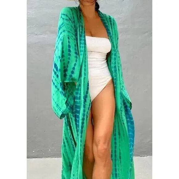 New Boho Flowy Ombre Tie Dye Beach Swim Coverup Maxi Duster Front Tie Green B500 - Picture 11 of 14